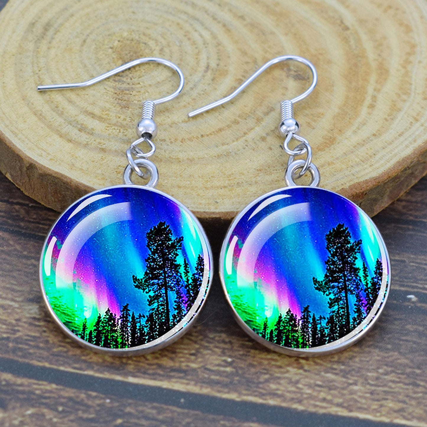 Luminous Aurora Borealis Drop Earrings - Northern Lights Jewelry - Unique Glass Cabochon Dangle Earrings - Perfect Aurora Lovers Gift