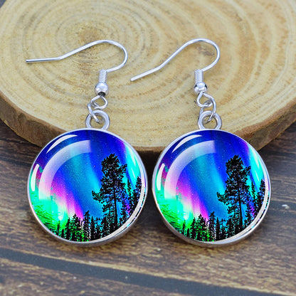 Lýsandi Aurora Borealis dropaeyrnalokkar - Northern Lights Skartgripir - Einstakir Cabochon Dangle eyrnalokkar úr gleri - Fullkomin Aurora Lovers gjöf