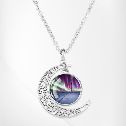 Luminous Aurora Borealis Crescent Necklace- Northern Light Jewelry - Unique Crescent Glass Cabochon Pendent Necklace - Perfect Aurora Lovers Gift