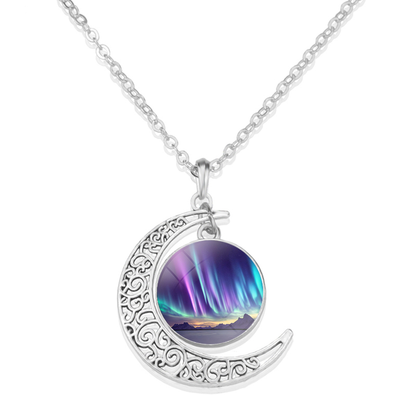 Unique Aurora Borealis Crescent Necklace - Northern Light Jewelry - Crescent Glass Cabochon Pendent Necklace - Perfect Aurora Lovers Gift 4