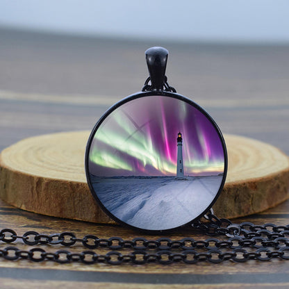 Luminous Aurora Borealis Black Necklace - Northern Light Jewelry - Unique Glass Dome Pendent Necklace - Perfect Aurora Lovers Gift