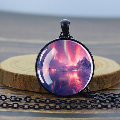 Luminous Aurora Borealis Black Necklace - Northern Light Jewelry - Unique Glass Dome Pendent Necklace - Perfect Aurora Lovers Gift