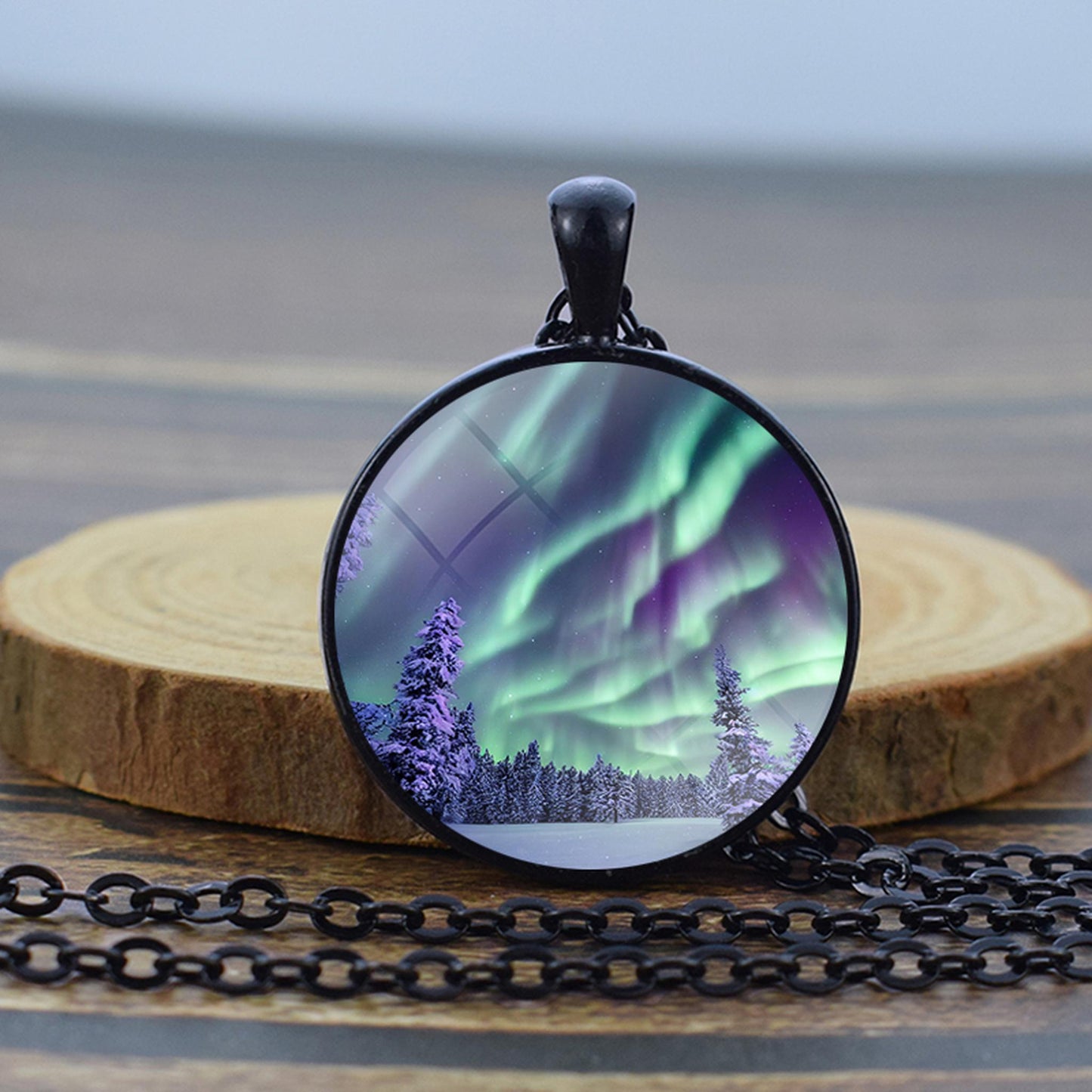 Luminous Aurora Borealis Black Necklace - Northern Light Jewelry - Unique Glass Dome Pendent Necklace - Perfect Aurora Lovers Gift