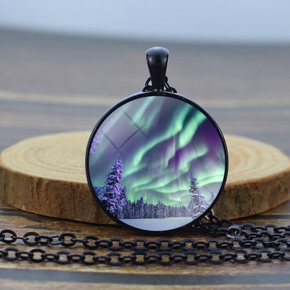 Collier noir lumineux Aurora Borealis - Bijoux Northern Light - Collier pendentif dôme en verre unique - Cadeau parfait pour les amoureux des aurores boréales