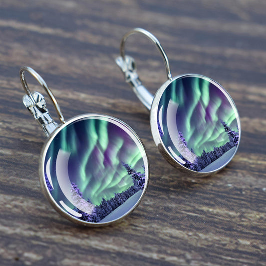 Luminous Aurora Borealis Hook Earrings - Northern Lights Jewelry - Unique Glass Cabochon Drop Earrings - Perfect Aurora Lovers Gift