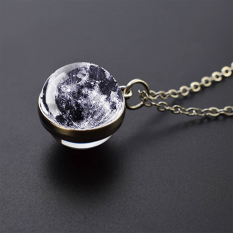 Luminous Crescent Moon Silver Necklace - Universe Jewelry - Unique Double Side Glass Ball Pendent Necklace - Perfect Astronomy Lovers Gift