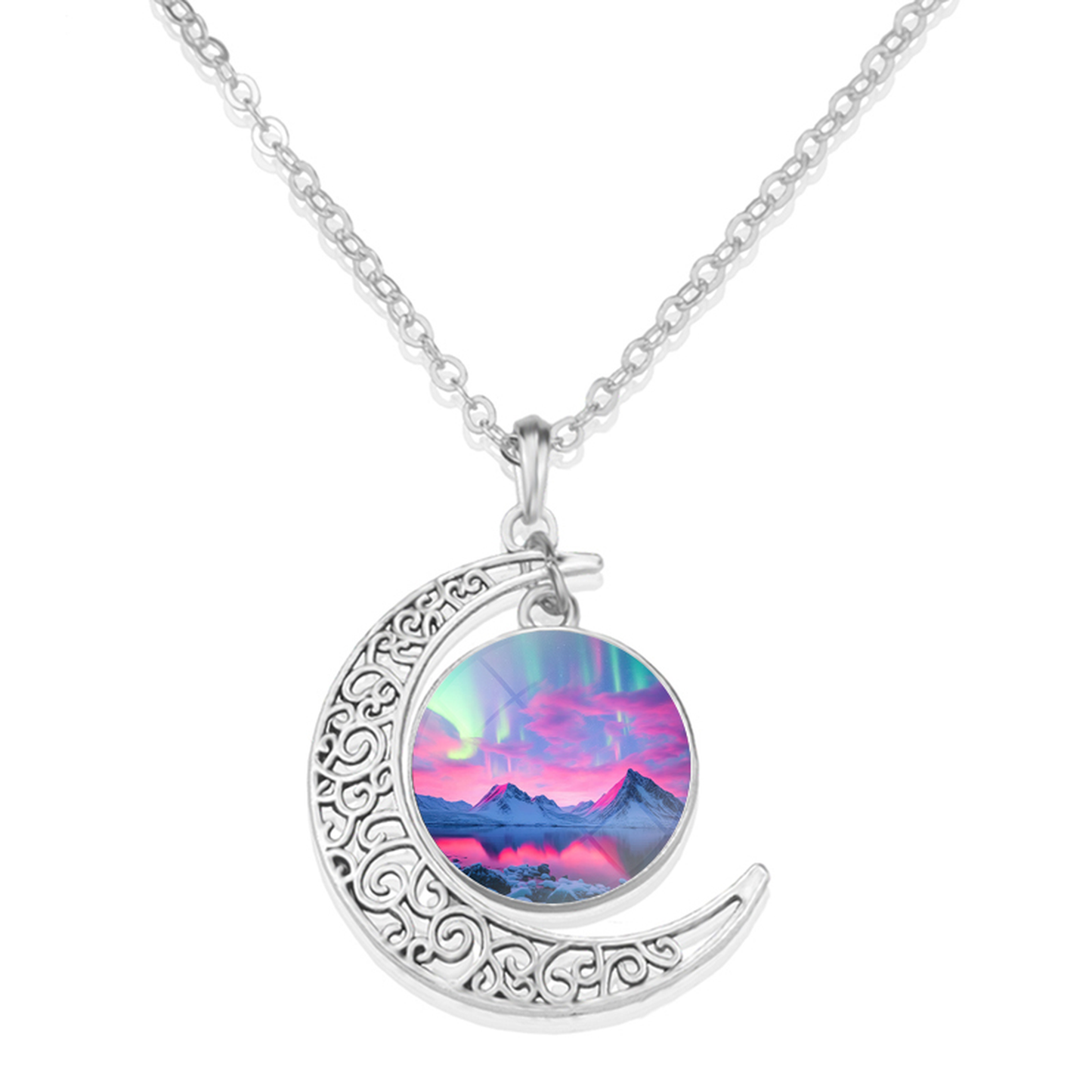Unique Aurora Borealis Crescent Necklace - Northern Light Jewelry - Crescent Glass Cabochon Pendent Necklace - Perfect Aurora Lovers Gift 10