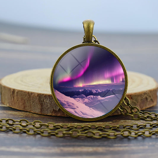 Luminous Aurora Borealis Bronze Necklace - Northern Light Jewelry - Unique Glass Dome Pendent Necklace - Perfect Aurora Lovers Gift