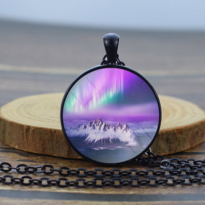 Luminous Aurora Borealis Black Necklace - Northern Light Jewelry - Unique Glass Dome Pendent Necklace - Perfect Aurora Lovers Gift