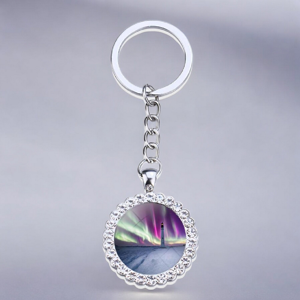 Porte-clés lumineux en argent Aurora Borealis - Bijoux Northern Light - Porte-clés en verre strass - Cadeau parfait pour les amoureux des aurores boréales