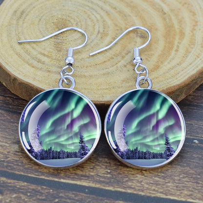 Lýsandi Aurora Borealis dropaeyrnalokkar - Northern Lights Skartgripir - Einstakir Cabochon Dangle eyrnalokkar úr gleri - Fullkomin Aurora Lovers gjöf