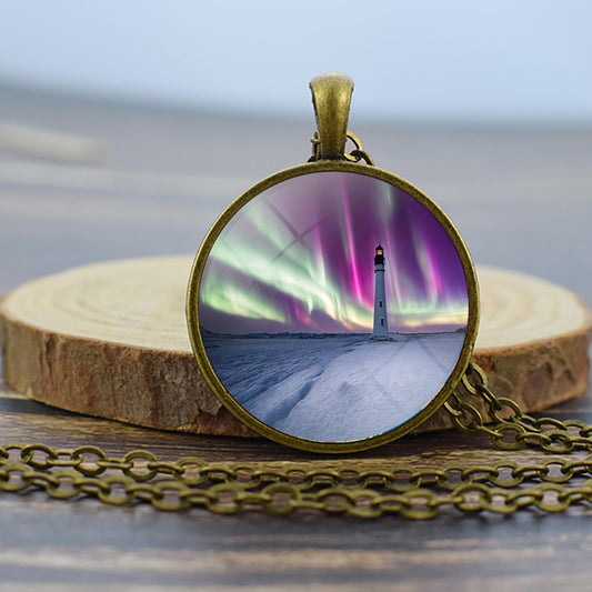 Luminous Aurora Borealis Bronze Necklace - Northern Light Jewelry - Unique Glass Dome Pendent Necklace - Perfect Aurora Lovers Gift