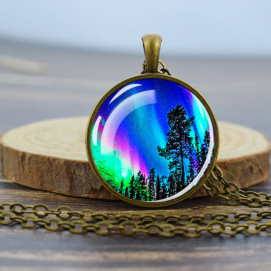 Luminous Aurora Borealis Bronze Necklace - Northern Light Jewelry - Unique Glass Dome Pendent Necklace - Perfect Aurora Lovers Gift