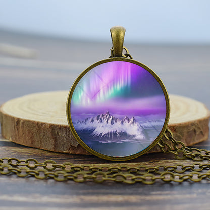 Luminous Aurora Borealis Bronze Necklace - Northern Light Jewelry - Unique Glass Dome Pendent Necklace - Perfect Aurora Lovers Gift