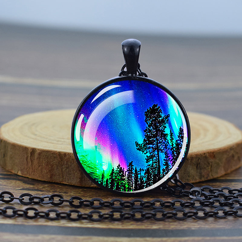 Luminous Aurora Borealis Black Necklace - Northern Light Jewelry - Unique Glass Dome Pendent Necklace - Perfect Aurora Lovers Gift