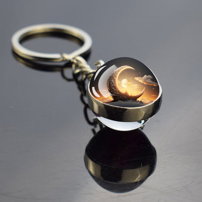 Unique Full Crescent Moon Keyring - Night Starry Sky Jewelry - Double Side Glass Ball Key Chain - Perfect Moon Lovers Gift 1