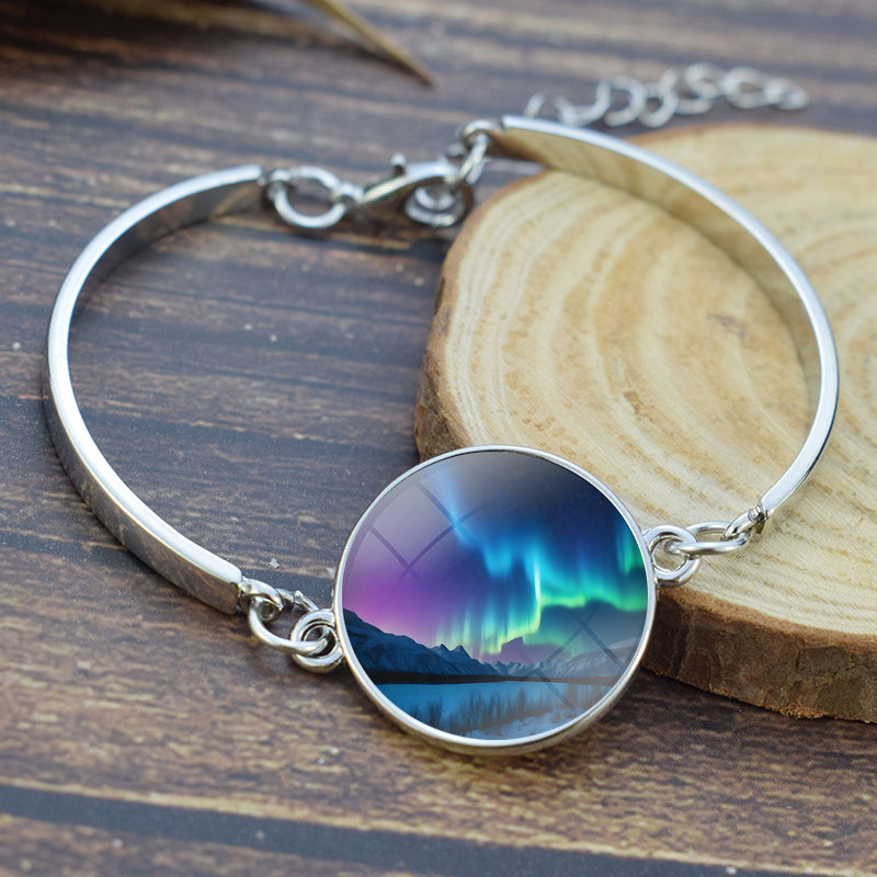 Unique Aurora Borealis Bangle Bracelet - Northern Light Jewelry - Glass Cabochon Silver Plated Bracelet - Perfect Aurora Lovers Gift 31