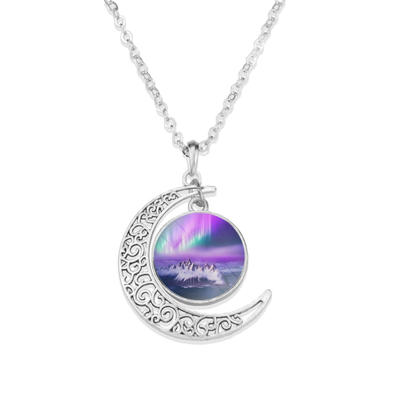 Unique Aurora Borealis Crescent Necklace - Northern Light Jewelry - Crescent Glass Cabochon Pendent Necklace - Perfect Aurora Lovers Gift 27