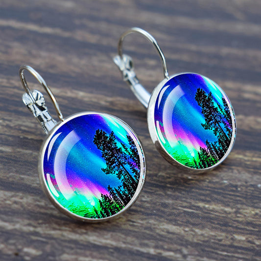 Luminous Aurora Borealis Hook Earrings - Northern Lights Jewelry - Unique Glass Cabochon Drop Earrings - Perfect Aurora Lovers Gift