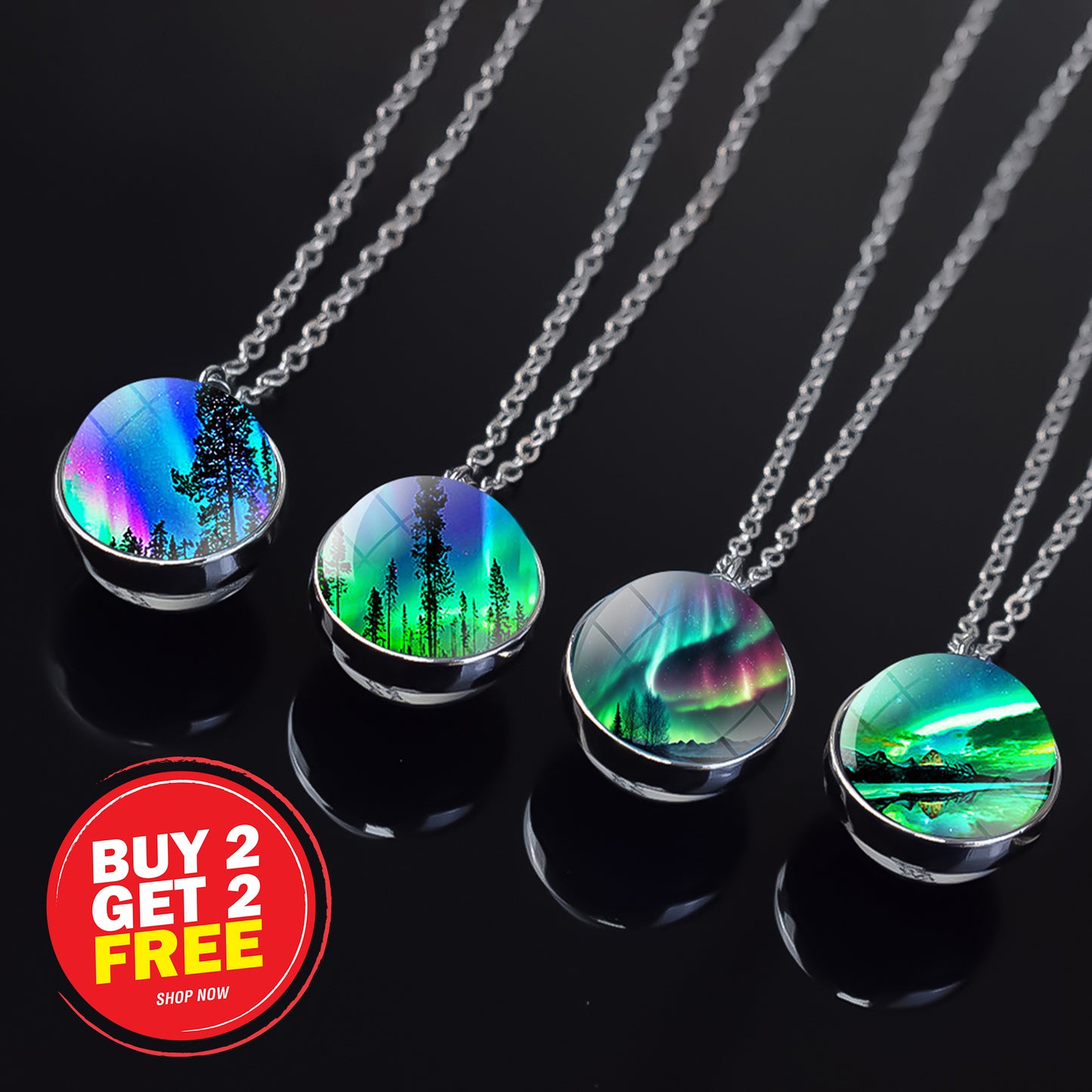 Luminous Aurora Borealis Silver Necklace- Northern Light Jewelry - Unique Double Side Glass Ball Pendent Necklace - Perfect Aurora Lovers Gift