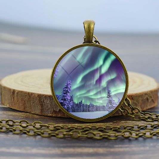 Luminous Aurora Borealis Bronze Necklace - Northern Light Jewelry - Unique Glass Dome Pendent Necklace - Perfect Aurora Lovers Gift