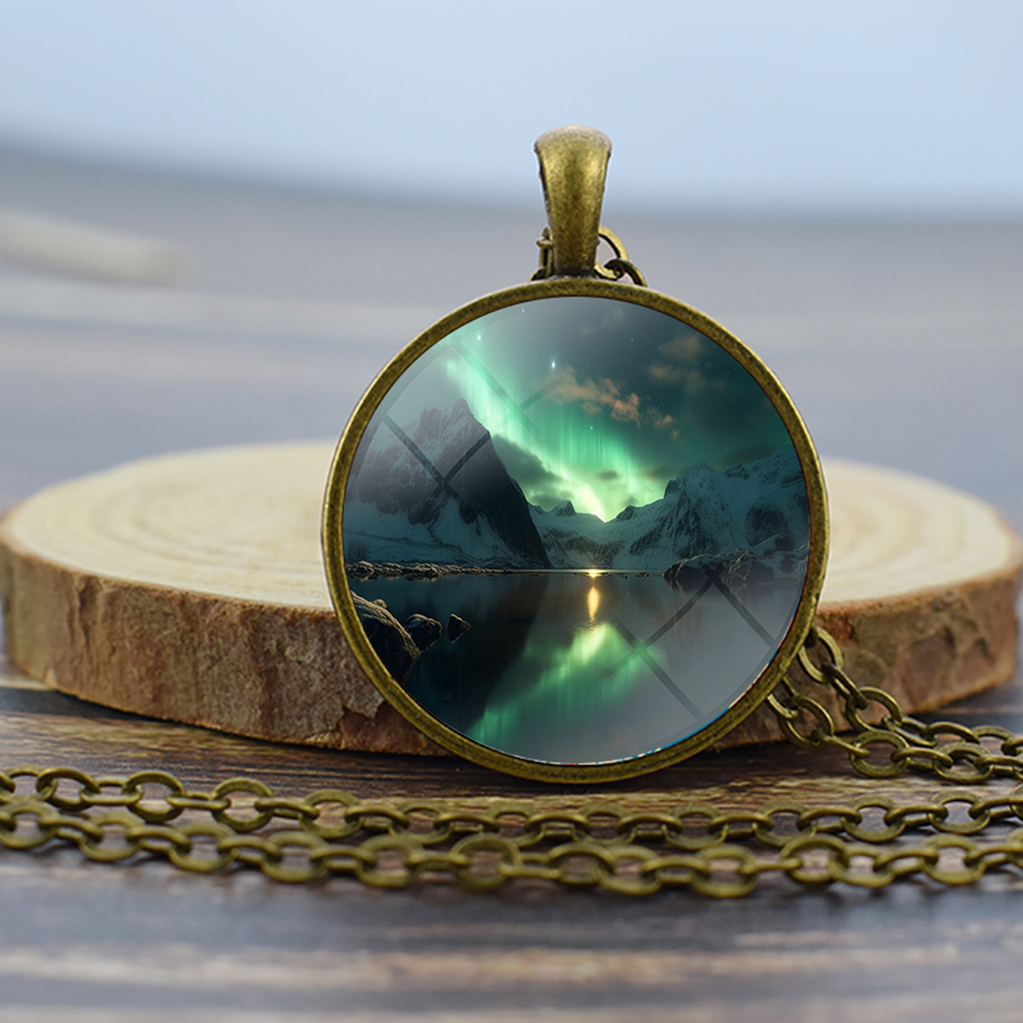 Unique Aurora Borealis Bronze Necklace - Northern Light Jewelry - Glass Dome Pendent Necklace - Perfect Aurora Lovers Gift 8