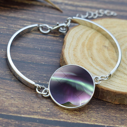 Luminous Aurora Borealis Bangle Bransoletka-Biżuteria zorzy polarnej-Unikalna szklana kaboszonowa posrebrzana bransoletka-Idealny prezent dla miłośników Aurory