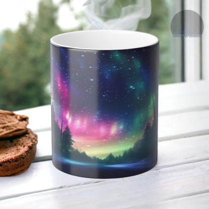 Töfrandi Aurora Borealis hitanæm mál - Northern Lights Magic Color Morphing Mug 11oz - Heat Reactive Night Sky Kaffibolli - Fullkomin gjöf fyrir náttúruunnendur