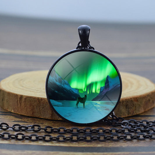 Luminous Aurora Borealis Black Necklace - Northern Light Jewelry - Unique Glass Dome Pendent Necklace - Perfect Aurora Lovers Gift