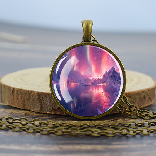 Luminous Aurora Borealis Bronze Necklace - Northern Light Jewelry - Unique Glass Dome Pendent Necklace - Perfect Aurora Lovers Gift