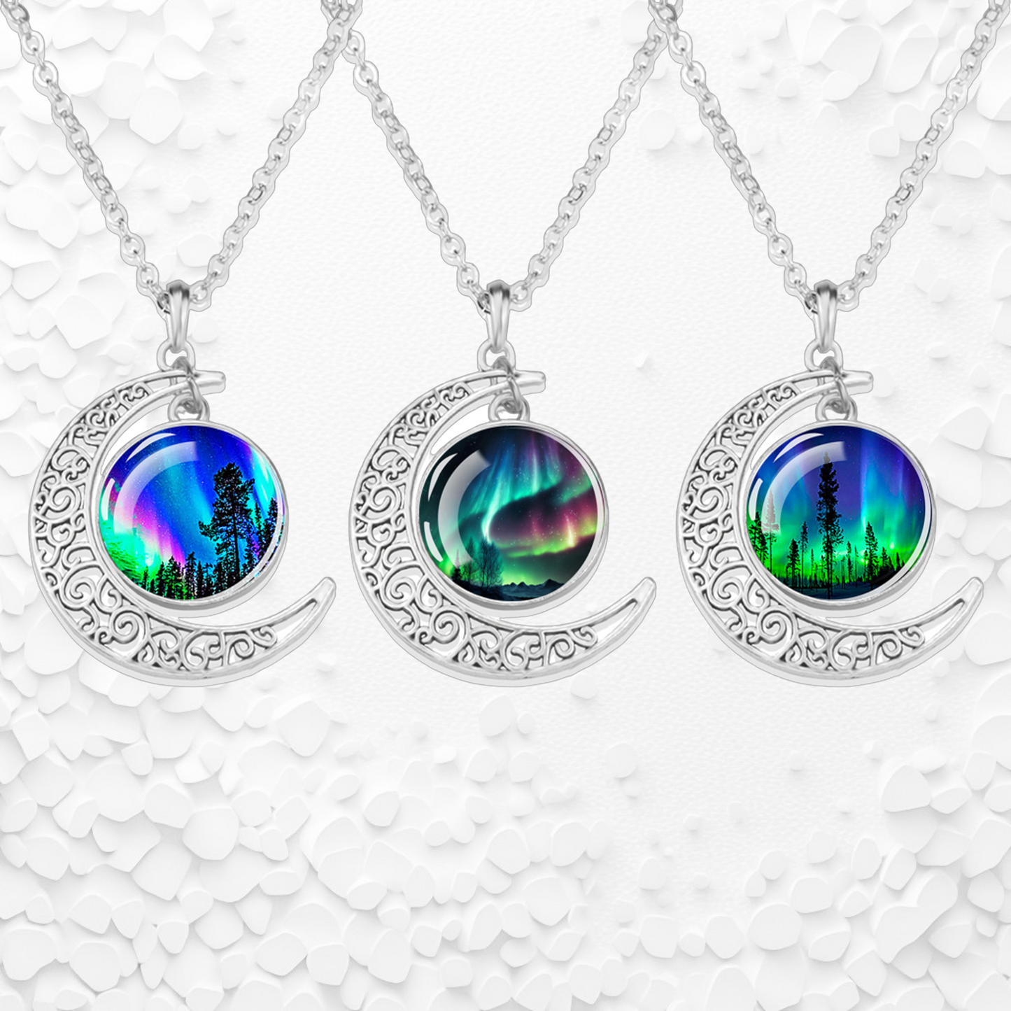 Collier lumineux Aurora Borealis Crescent - Bijoux Northern Light - Collier pendentif cabochon en verre croissant unique - Cadeau parfait pour les amoureux des aurores boréales 