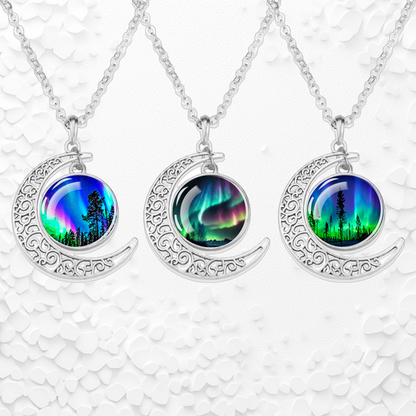 Luminous Aurora Borealis Crescent Necklace- Northern Light Jewelry - Unique Crescent Glass Cabochon Pendent Necklace - Perfect Aurora Lovers Gift