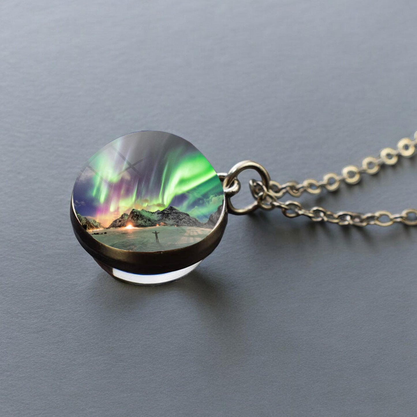 Luminous Aurora Borealis Silver Necklace- Northern Light Jewelry - Unique Double Side Glass Ball Pendent Necklace - Perfect Aurora Lovers Gift