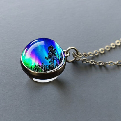 Luminous Aurora Borealis Silver Necklace- Northern Light Jewelry - Unique Double Side Glass Ball Pendent Necklace - Perfect Aurora Lovers Gift