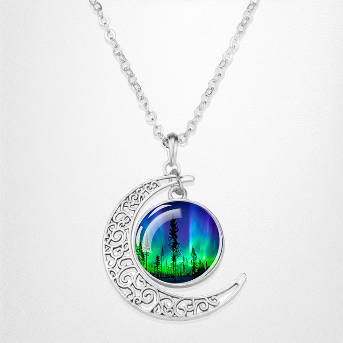 Luminous Aurora Borealis Crescent Necklace- Northern Light Jewelry - Unique Crescent Glass Cabochon Pendent Necklace - Perfect Aurora Lovers Gift