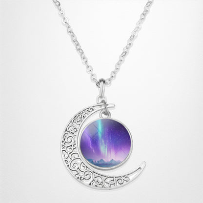 Luminous Aurora Borealis Crescent Necklace- Northern Light Jewelry - Unique Crescent Glass Cabochon Pendent Necklace - Perfect Aurora Lovers Gift