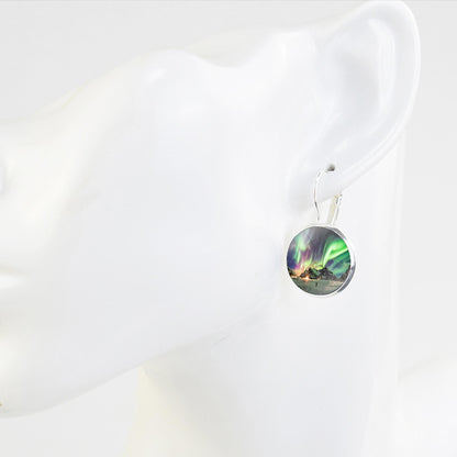 Luminous Aurora Borealis Hook Earrings - Northern Lights Jewelry - Unique Glass Cabochon Drop Earrings - Perfect Aurora Lovers Gift