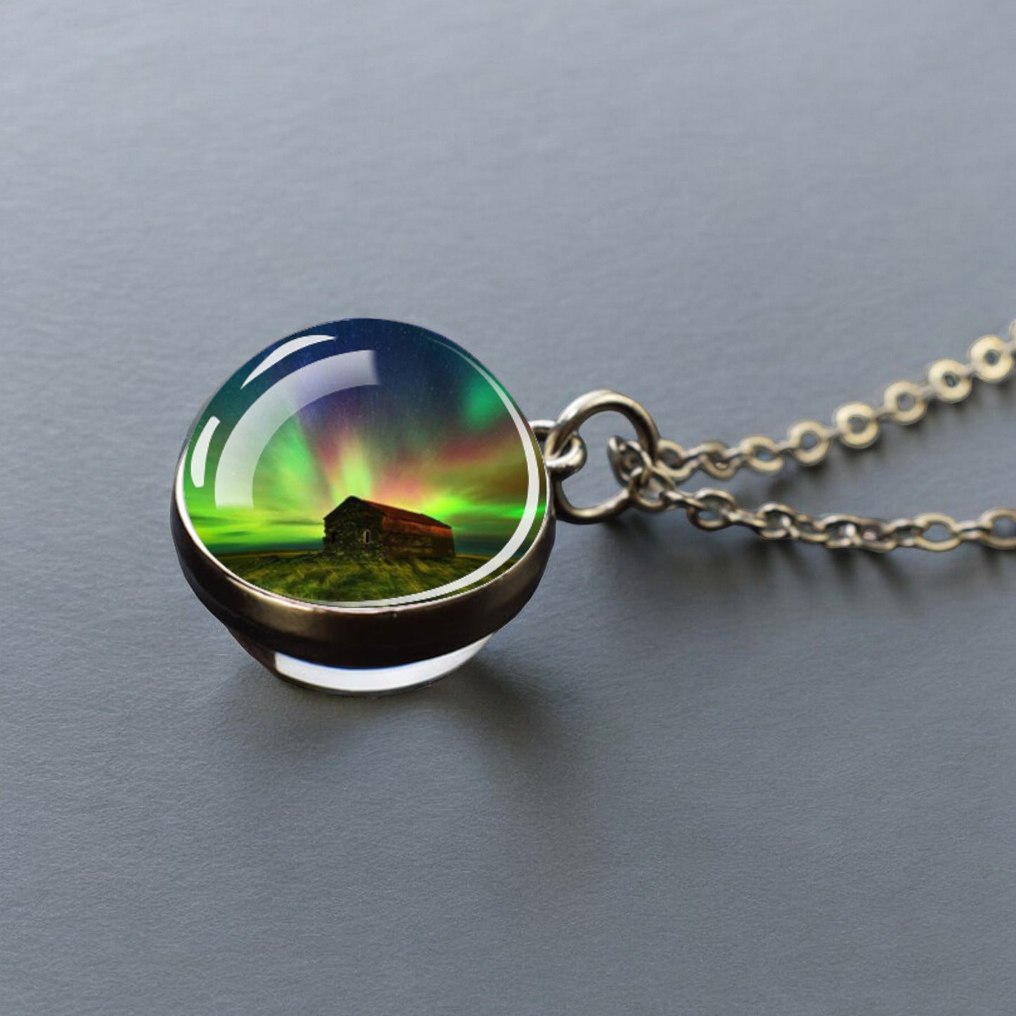 Luminous Aurora Borealis Silver Necklace- Northern Light Jewelry - Unique Double Side Glass Ball Pendent Necklace - Perfect Aurora Lovers Gift