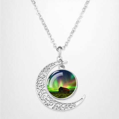 Luminous Aurora Borealis Crescent Necklace- Northern Light Jewelry - Unique Crescent Glass Cabochon Pendent Necklace - Perfect Aurora Lovers Gift