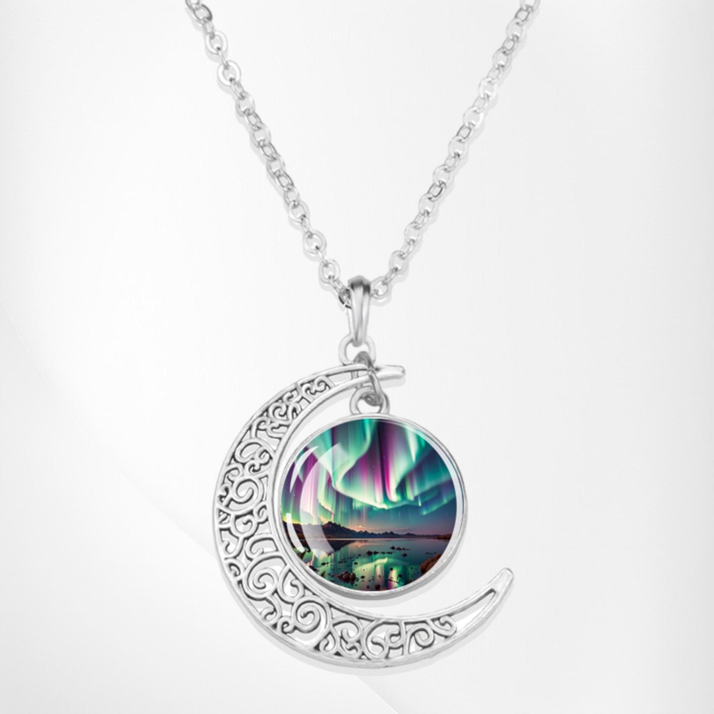 Luminous Aurora Borealis Crescent Necklace- Northern Light Jewelry - Unique Crescent Glass Cabochon Pendent Necklace - Perfect Aurora Lovers Gift