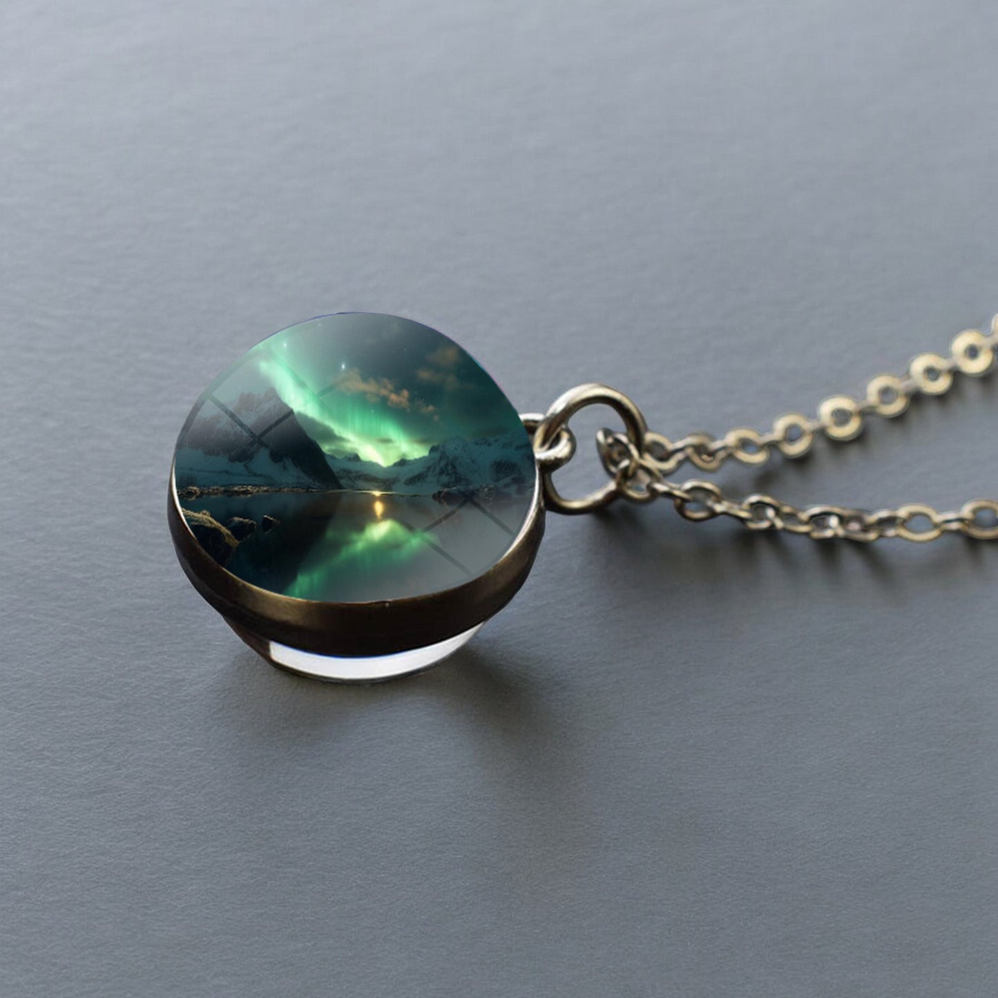 Luminous Aurora Borealis Silver Necklace- Northern Light Jewelry - Unique Double Side Glass Ball Pendent Necklace - Perfect Aurora Lovers Gift