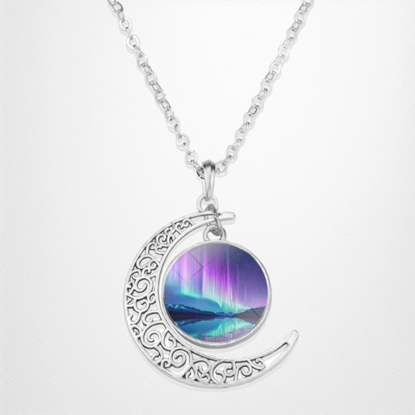 Luminous Aurora Borealis Crescent Necklace- Northern Light Jewelry - Unique Crescent Glass Cabochon Pendent Necklace - Perfect Aurora Lovers Gift