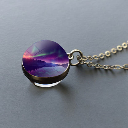 Luminous Aurora Borealis Silver Necklace- Northern Light Jewelry - Unique Double Side Glass Ball Pendent Necklace - Perfect Aurora Lovers Gift