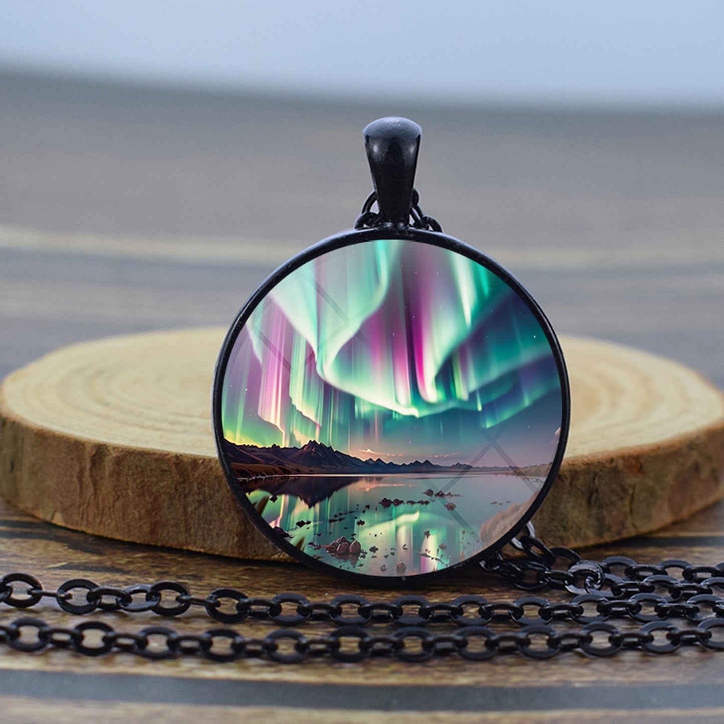 Luminous Aurora Borealis Black Necklace - Northern Light Jewelry - Unique Glass Dome Pendent Necklace - Perfect Aurora Lovers Gift