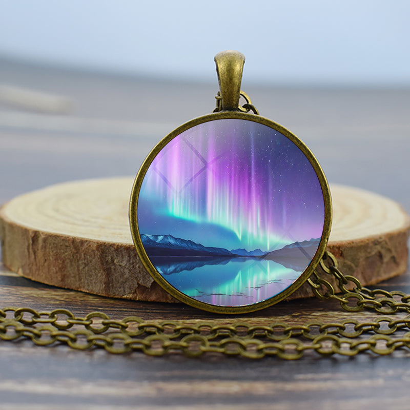 Luminous Aurora Borealis Bronze Necklace - Northern Light Jewelry - Unique Glass Dome Pendent Necklace - Perfect Aurora Lovers Gift