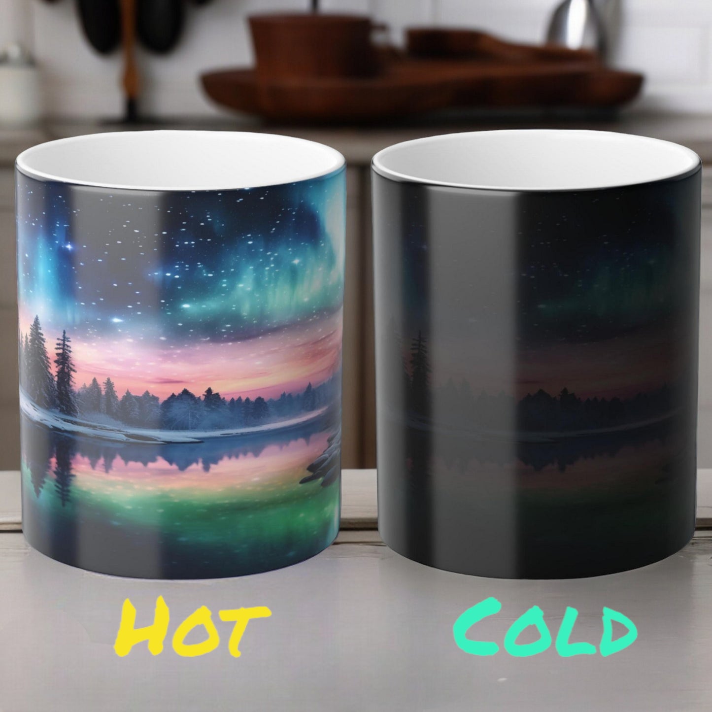 Töfrandi Aurora Borealis hitanæm mál - Northern Lights Magic Color Morphing Mug 11oz - Heat Reactive Night Sky Kaffibolli - Fullkomin gjöf fyrir náttúruunnendur