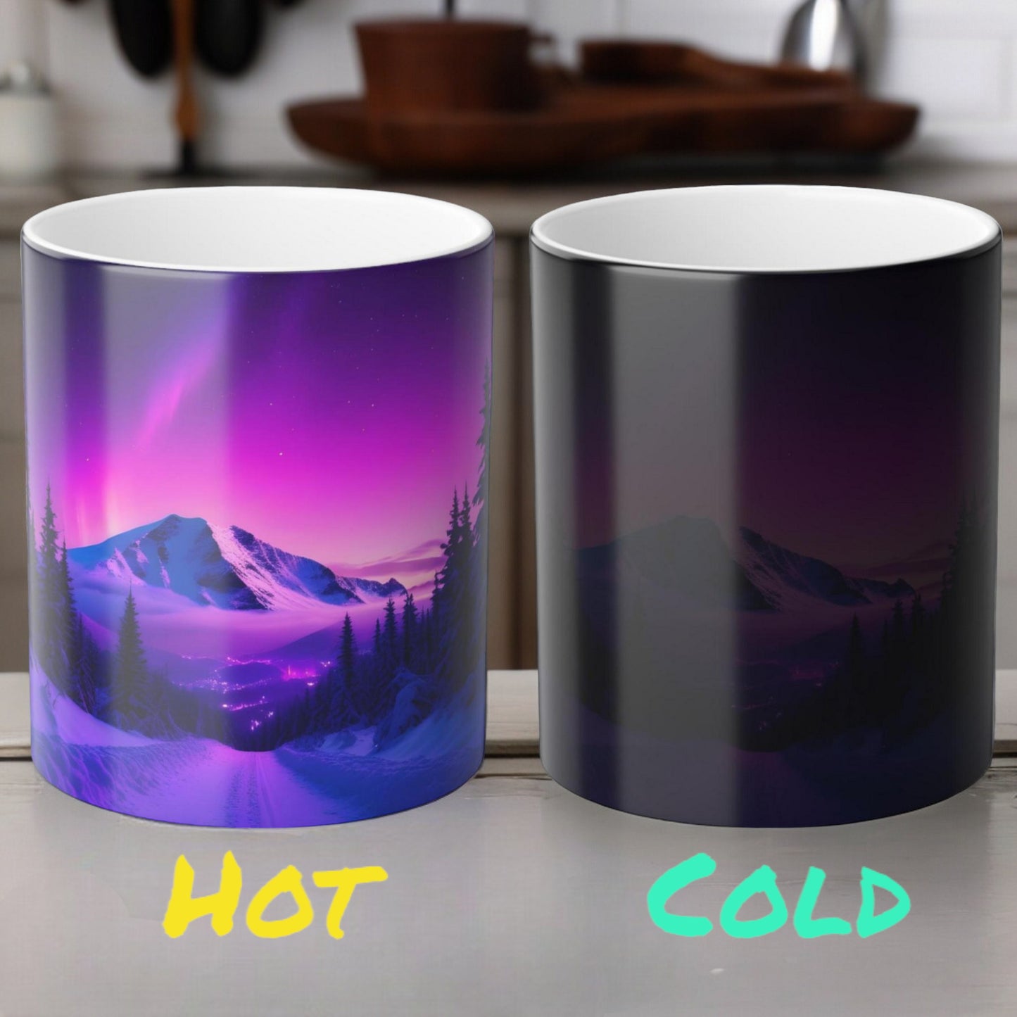 Fortryllende Aurora Borealis varmefølsomt krus - Northern Lights Magic Color Morphing-krus 11 oz - Heat Reactive Night Sky Coffee Cup - Perfekt gave til naturelskere