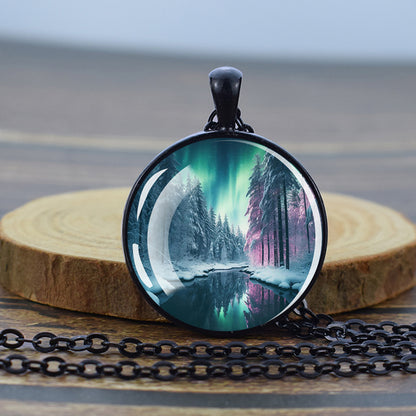 Luminous Aurora Borealis Black Necklace - Northern Light Jewelry - Unique Glass Dome Pendent Necklace - Perfect Aurora Lovers Gift