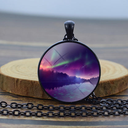 Luminous Aurora Borealis Black Necklace - Northern Light Jewelry - Unique Glass Dome Pendent Necklace - Perfect Aurora Lovers Gift