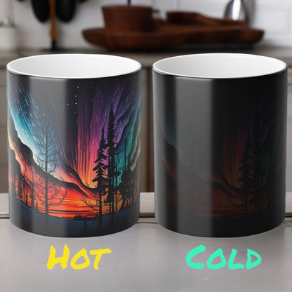 Töfrandi Aurora Borealis hitanæm mál - Northern Lights Magic Color Morphing Mug 11oz - Heat Reactive Night Sky Kaffibolli - Fullkomin gjöf fyrir náttúruunnendur